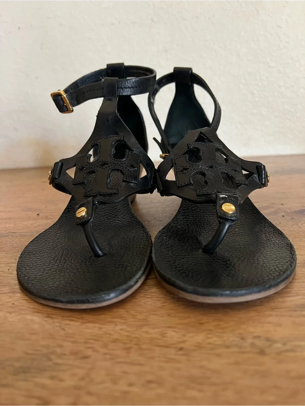 Tory Burch Miller  Black Leather Wedge Strappy Sandal Size 6M